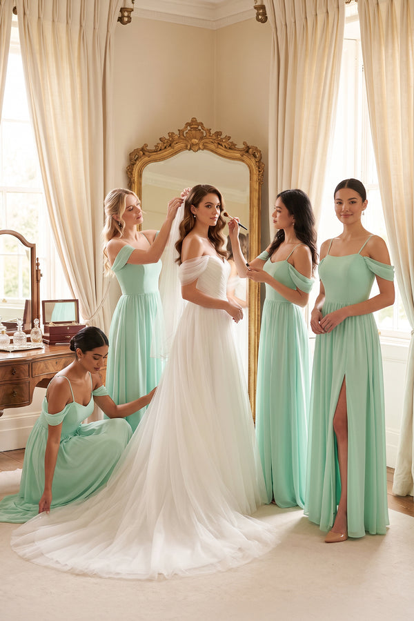 Pale Pistachio Off-the-Shoulder Sweetheart A-Line Chiffon Bridesmaid Dress | KISSBRIDAL