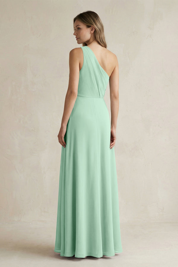 Pale Pistachio One-Shoulder Chiffon A-Line Bridesmaid Dress With Slit (2) | KISSBRIDAL