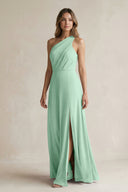 Pale Pistachio One-Shoulder Chiffon A-Line Bridesmaid Dress With Slit | KISSBRIDAL