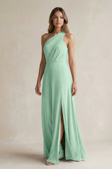 Pale Pistachio One-Shoulder Chiffon A-Line Bridesmaid Dress With Slit | KISSBRIDAL