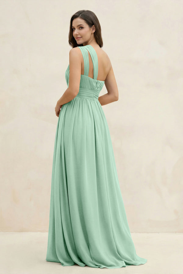 Pale Pistachio One-Shoulder Pleated A-Line Chiffon Bridesmaid Dress (2) | KISSBRIDAL