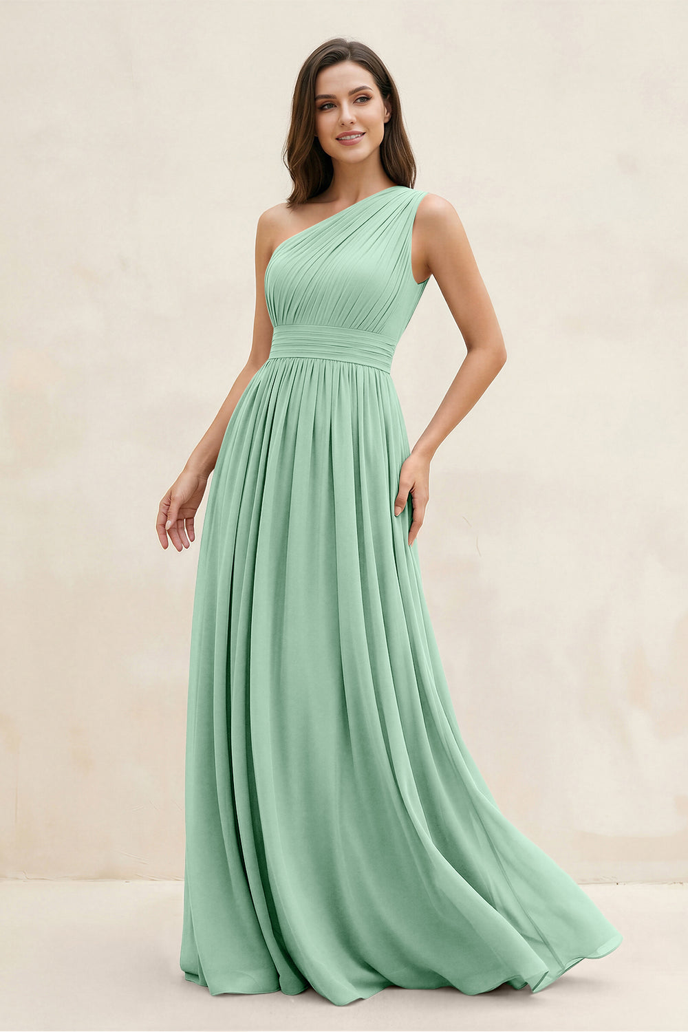 One-Shoulder Pleated A-Line Chiffon Bridesmaid Dress in Pale Pistachio