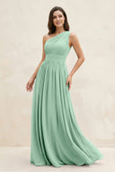 Pale Pistachio One-Shoulder Pleated A-Line Chiffon Bridesmaid Dress | KISSBRIDAL