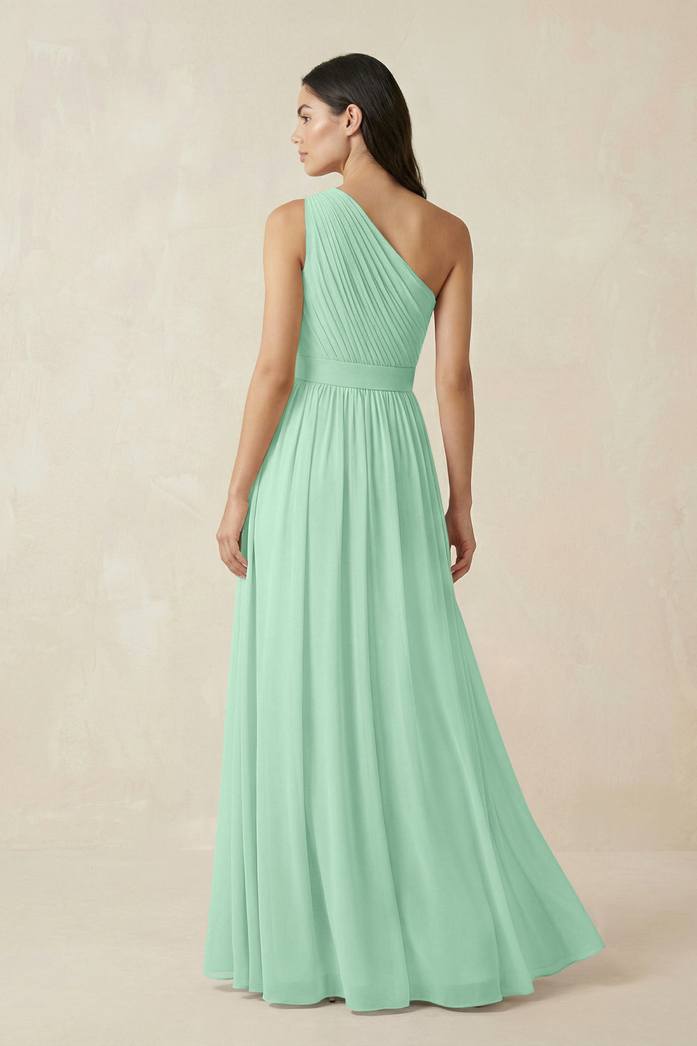 One-Shoulder Pleated Chiffon Bridesmaid Gown in Pale Pistachio