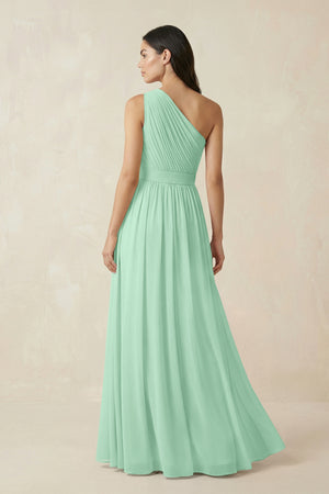 Pale Pistachio One-Shoulder Pleated Chiffon Bridesmaid Gown (2) | KISSBRIDAL