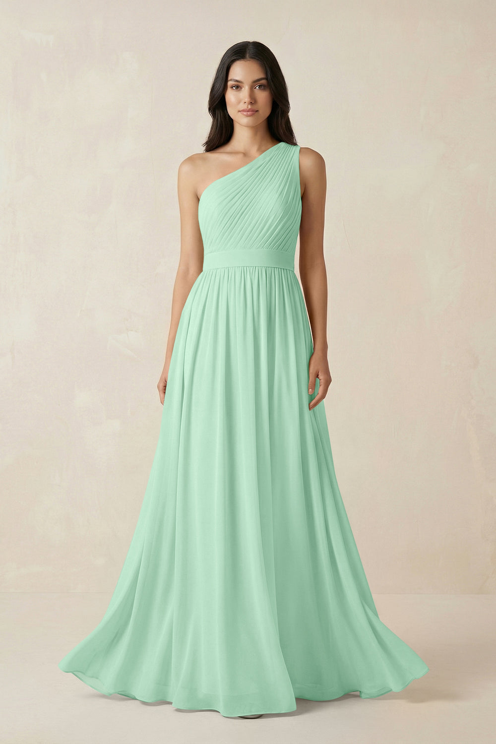 One-Shoulder Pleated Chiffon Bridesmaid Gown in Pale Pistachio