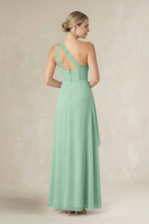 Pale Pistachio One-Shoulder Sheath Ruched Ruffled Bridesmaid Dress in Pale Pistachio (2) | KISSBRIDAL