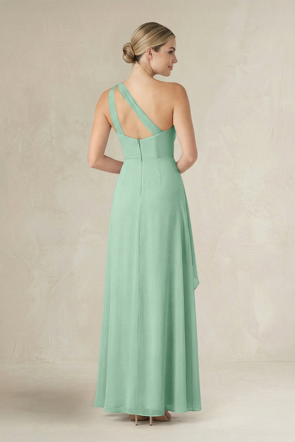 Pale Pistachio One-Shoulder Sheath Ruched Ruffled Bridesmaid Dress in Pale Pistachio (2) | KISSBRIDAL