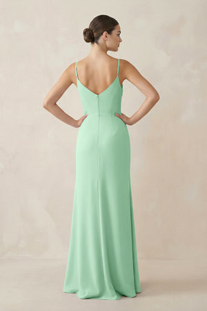 Pale Pistachio Ruched Sheath Spaghetti Strap Chiffon Bridesmaid Dress (2) | KISSBRIDAL