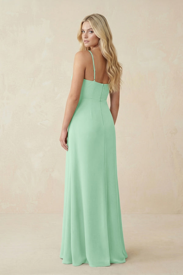 Pale Pistachio Ruched Sheath Spaghetti Strap Chiffon Bridesmaid Dress (2) | KISSBRIDAL
