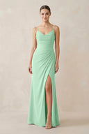 Pale Pistachio Ruched Sheath Spaghetti Strap Chiffon Bridesmaid Dress | KISSBRIDAL