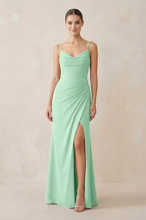 Pale Pistachio Ruched Sheath Spaghetti Strap Chiffon Bridesmaid Dress | KISSBRIDAL