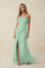 Pale Pistachio Ruffled Cami Strap Chiffon Sheath Bridesmaid Dress | KISSBRIDAL