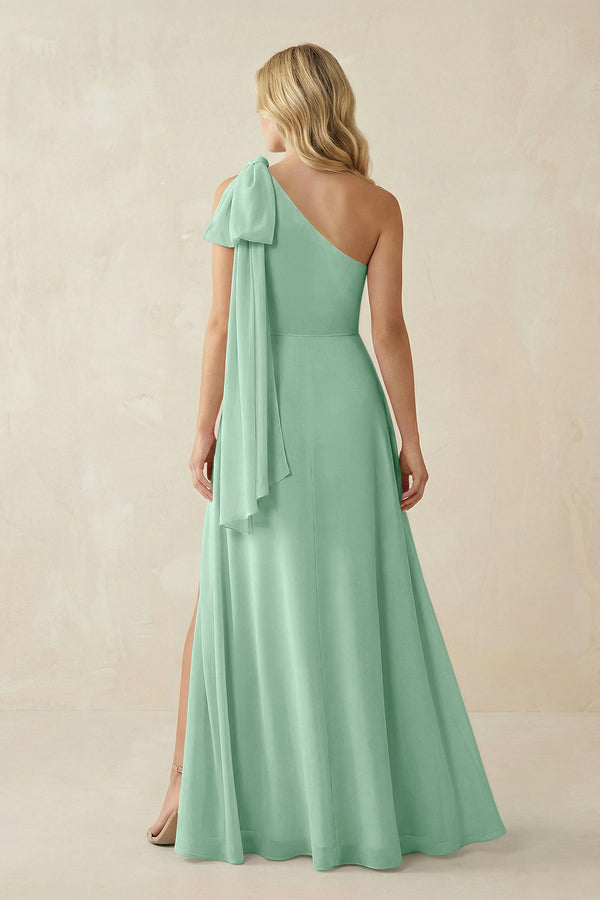 Pale Pistachio Ruffled One Shoulder Chiffon Bridesmaid Dress With Slit in Pale Pistachio (2) | KISSBRIDAL