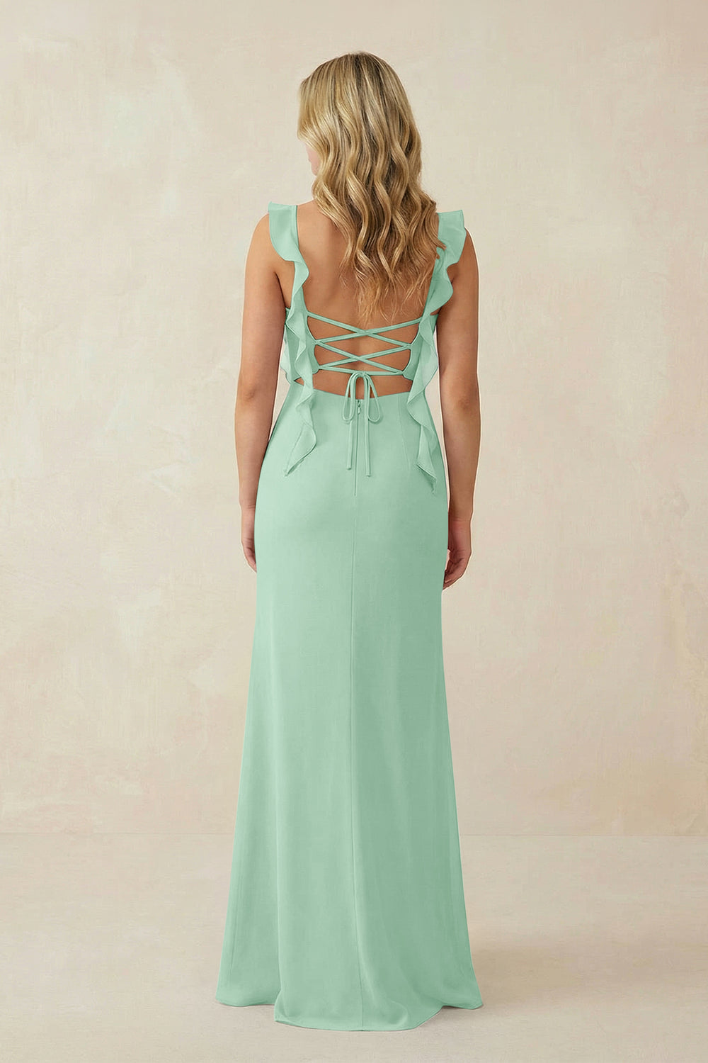 Ruffled Sleeve Ruched Sheath Chiffon Bridesmaid Dress in Pale Pistachio