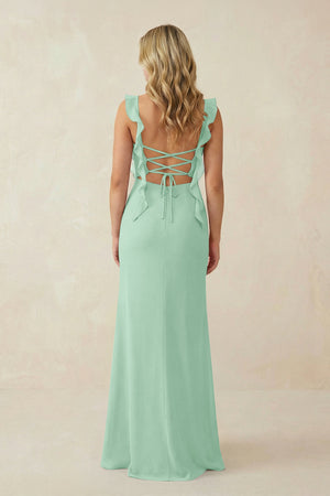 Pale Pistachio Ruffled Sleeve Ruched Sheath Chiffon Bridesmaid Dress (2) | KISSBRIDAL
