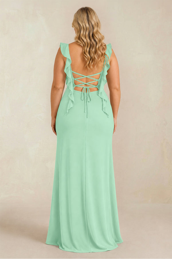 Pale Pistachio Ruffled Sleeve Ruched Sheath Chiffon Bridesmaid Dress (2) [sizeplus] | KISSBRIDAL