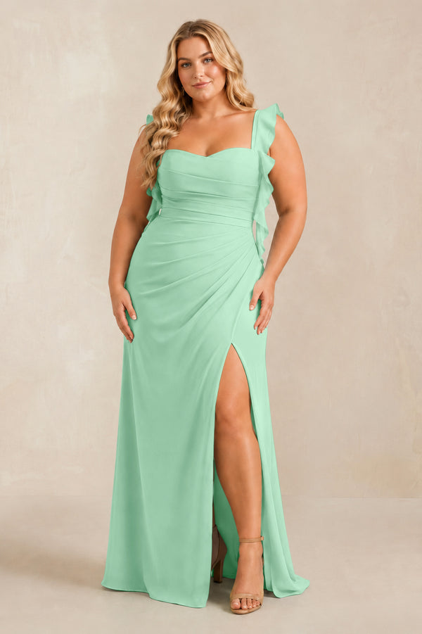 Pale Pistachio Ruffled Sleeve Ruched Sheath Chiffon Bridesmaid Dress [sizeplus] | KISSBRIDAL