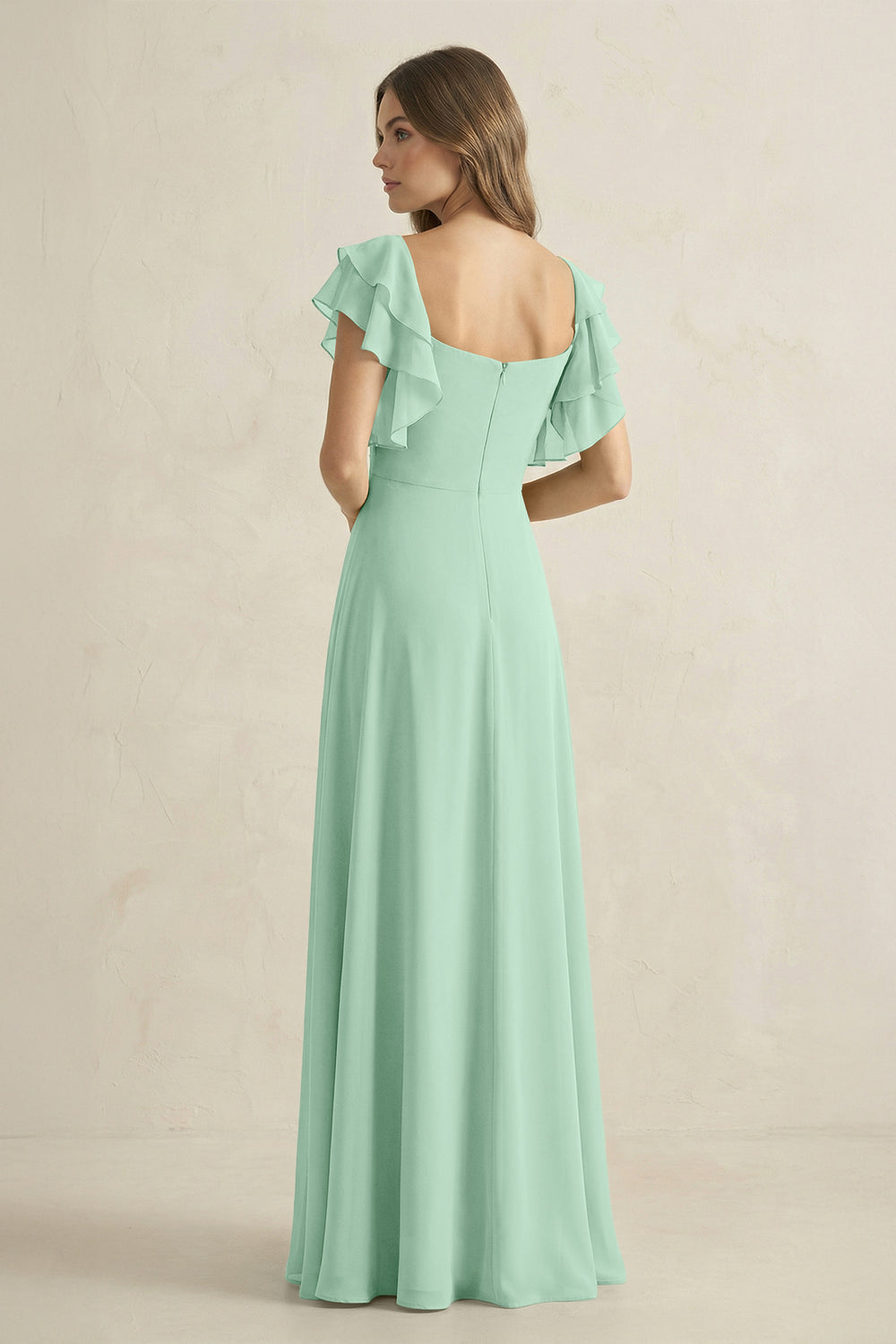 Ruffled Sleeves A-Line Chiffon Bridesmaid Dress in Pale Pistachio