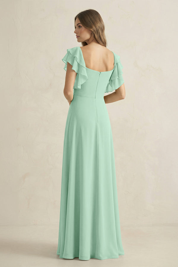 Pale Pistachio Ruffled Sleeves A-Line Chiffon Bridesmaid Dress (2) | KISSBRIDAL