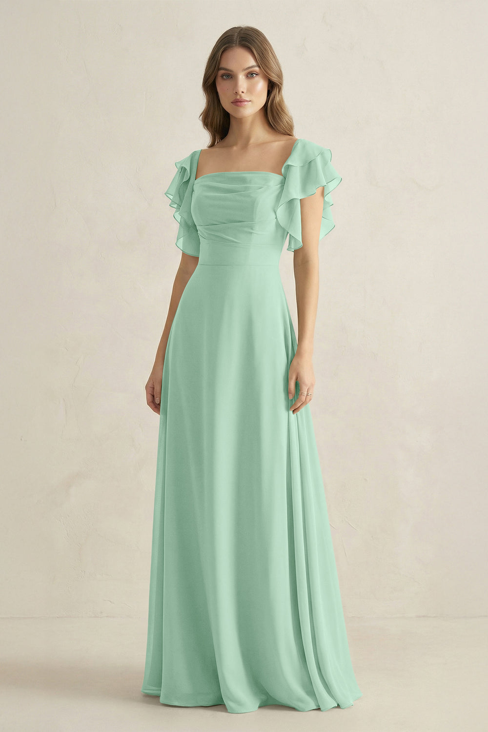 Ruffled Sleeves A-Line Chiffon Bridesmaid Dress in Pale Pistachio