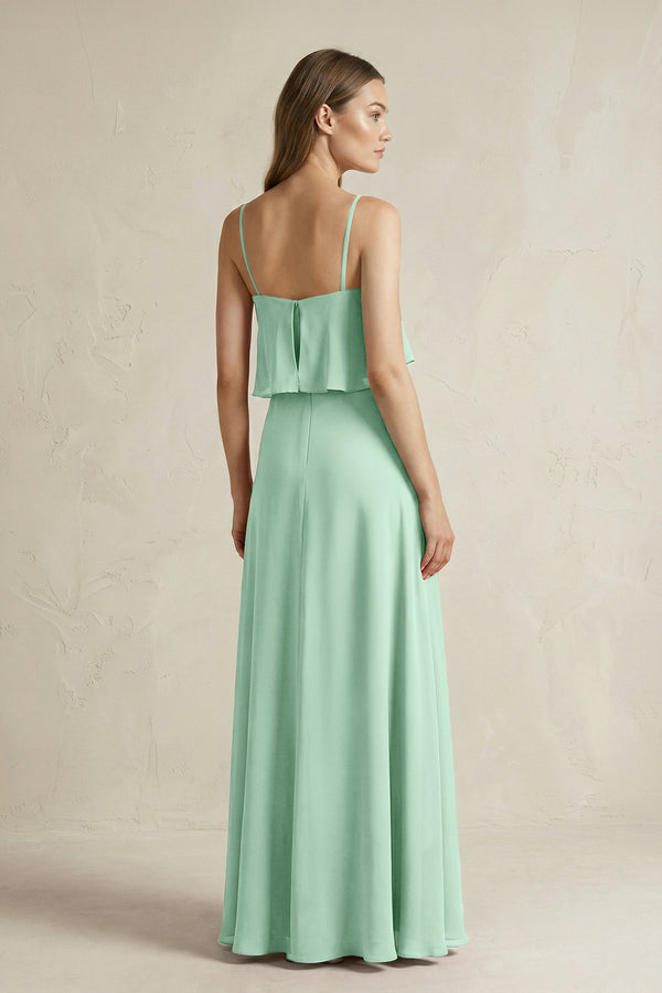 Pale Pistachio Ruffled Spaghetti Strap A-Line Chiffon Bridesmaid Dress in Pale Pistachio (2) | KISSBRIDAL