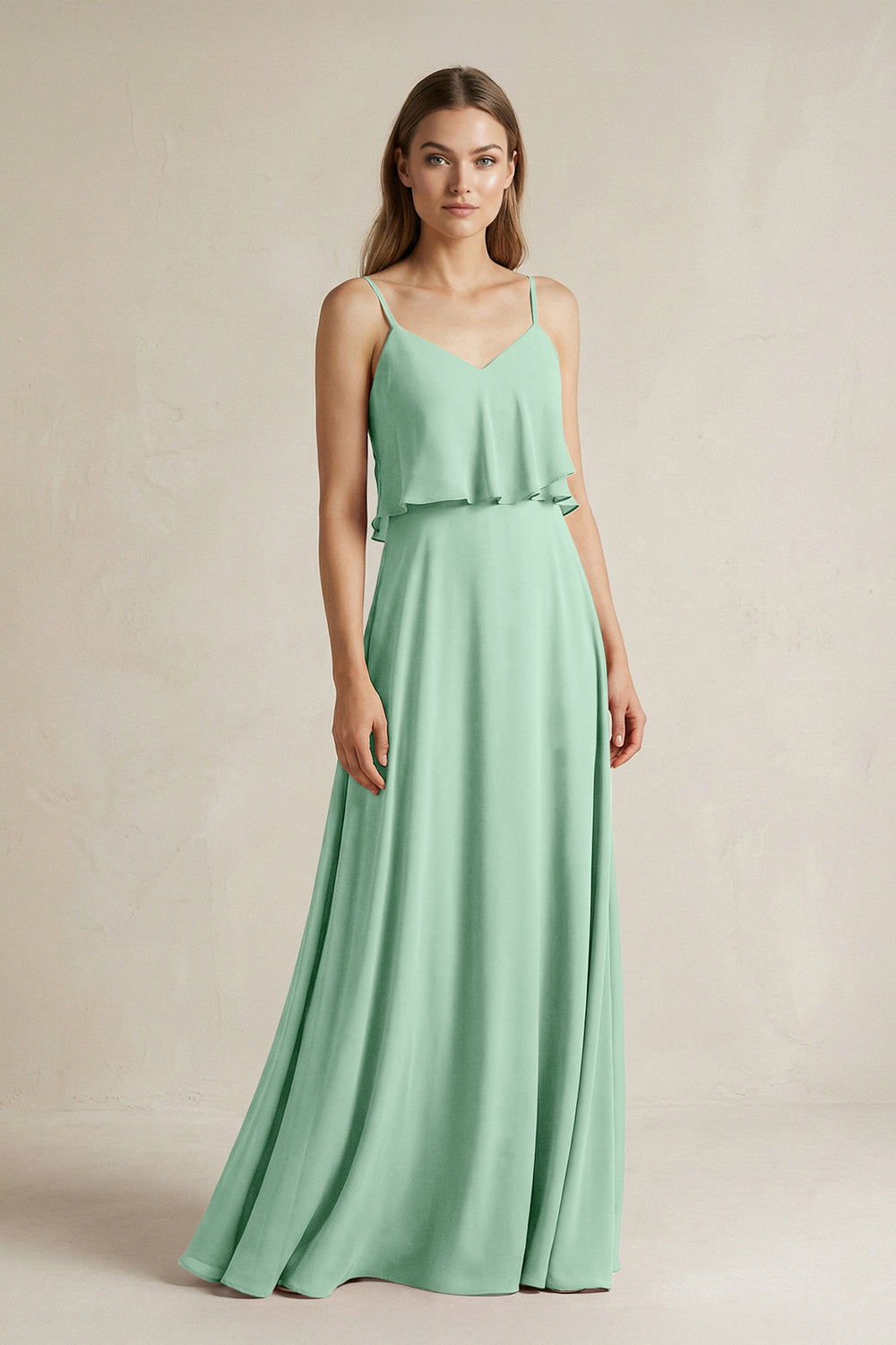 Ruffled Spaghetti Strap A-Line Chiffon Bridesmaid Dress in Pale Pistachio
