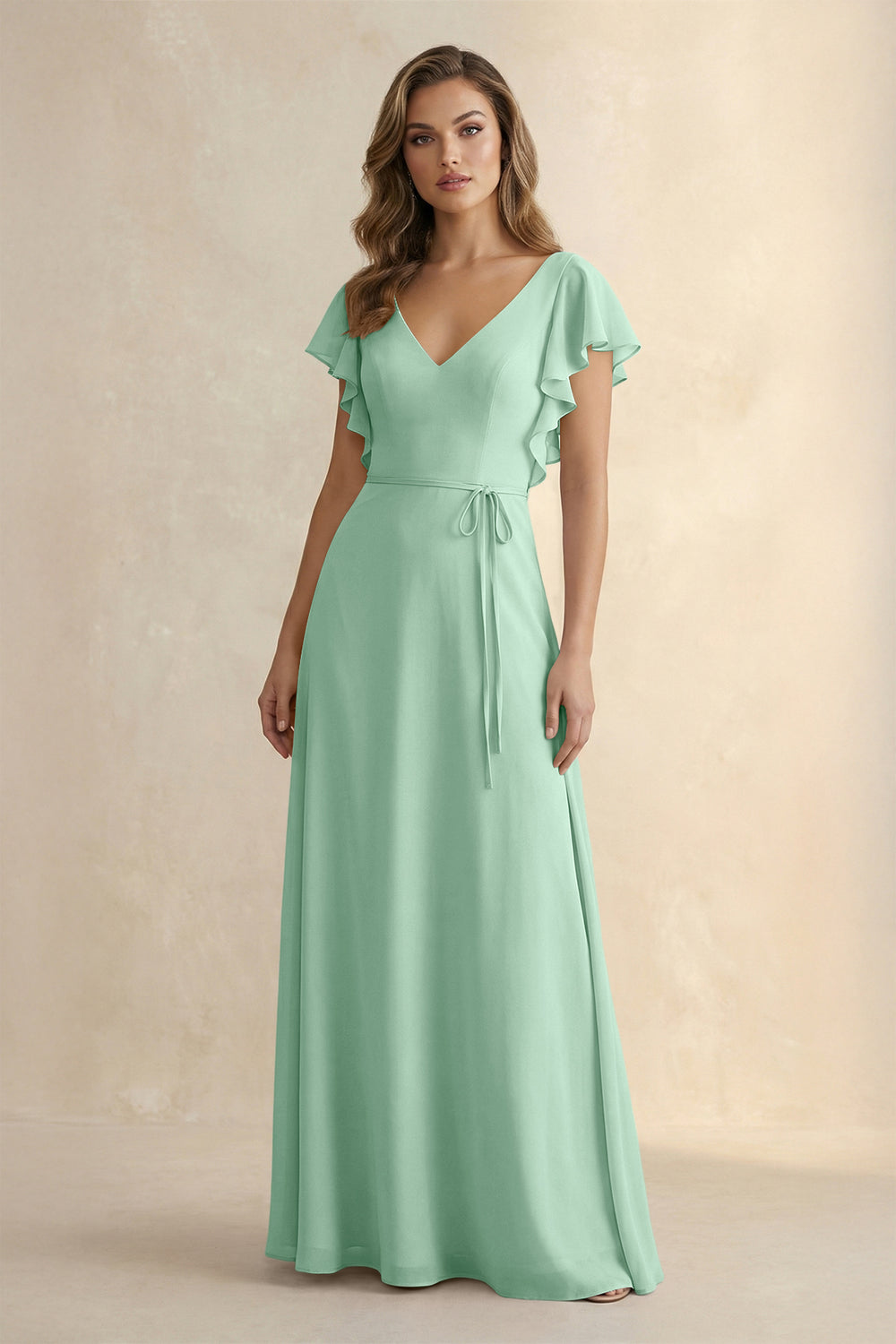 Ruffled V-Neck Chiffon A-Line Bridesmaid Dress in Pale Pistachio