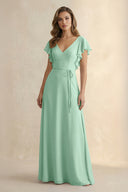 Pale Pistachio Ruffled V-Neck Chiffon A-Line Bridesmaid Dress | KISSBRIDAL