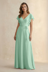 Pale Pistachio Ruffled V-Neck Chiffon A-Line Bridesmaid Dress | KISSBRIDAL