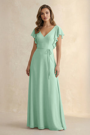 Pale Pistachio Ruffled V-Neck Chiffon A-Line Bridesmaid Dress | KISSBRIDAL