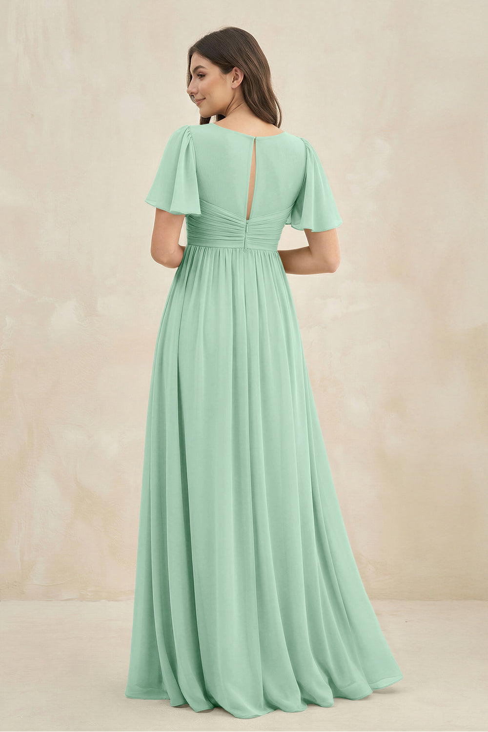 Short Sleeve Chiffon V-Neck A-Line Bridesmaid Dress in Pale Pistachio