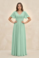 Pale Pistachio Short Sleeve Chiffon V-Neck A-Line Bridesmaid Dress | KISSBRIDAL