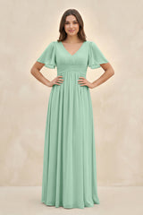 Pale Pistachio Short Sleeve Chiffon V-Neck A-Line Bridesmaid Dress | KISSBRIDAL
