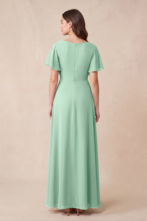 Pale Pistachio Short Sleeves Bateau A-Line Chiffon Bridesmaid Dress (2) | KISSBRIDAL