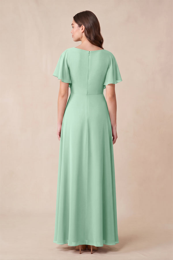 Pale Pistachio Short Sleeves Bateau A-Line Chiffon Bridesmaid Dress (2) | KISSBRIDAL