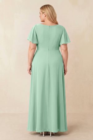 Pale Pistachio Short Sleeves Bateau A-Line Chiffon Bridesmaid Dress (2) [sizeplus] | KISSBRIDAL