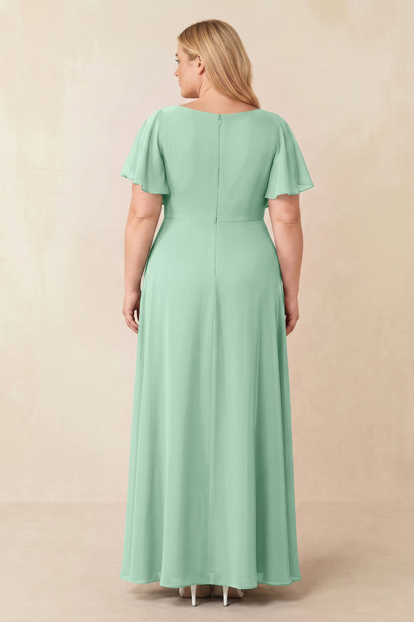 Pale Pistachio Short Sleeves Bateau A-Line Chiffon Bridesmaid Dress (2) [sizeplus] | KISSBRIDAL