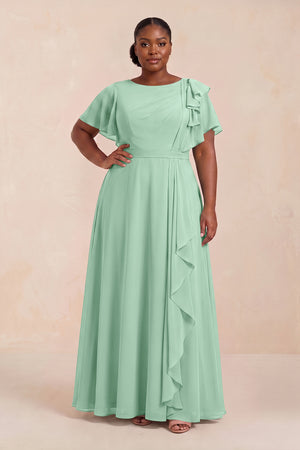 Pale Pistachio Short Sleeves Bateau A-Line Chiffon Bridesmaid Dress (3) [sizeplus] | KISSBRIDAL