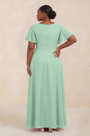 Pale Pistachio Short Sleeves Bateau A-Line Chiffon Bridesmaid Dress (4) [sizeplus] | KISSBRIDAL