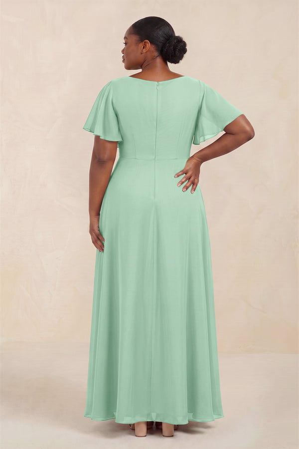 Pale Pistachio Short Sleeves Bateau A-Line Chiffon Bridesmaid Dress (4) [sizeplus] | KISSBRIDAL
