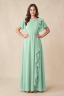 Pale Pistachio Short Sleeves Bateau A-Line Chiffon Bridesmaid Dress | KISSBRIDAL