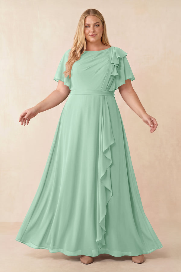 Pale Pistachio Short Sleeves Bateau A-Line Chiffon Bridesmaid Dress [sizeplus] | KISSBRIDAL