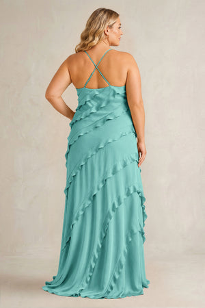 Pale Pistachio Spaghetti Straps Sheath Stain Ruffled Bridesmaid Dress (2) | KISSBRIDAL[sizeplus]