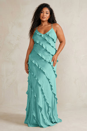 Pale Pistachio Spaghetti Straps Sheath Stain Ruffled Bridesmaid Dress (3) | KISSBRIDAL[sizeplus]