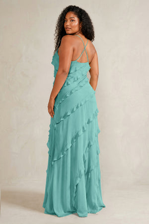 Pale Pistachio Spaghetti Straps Sheath Stain Ruffled Bridesmaid Dress (4) | KISSBRIDAL[sizeplus]
