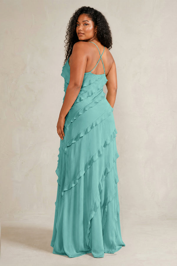 Pale Pistachio Spaghetti Straps Sheath Stain Ruffled Bridesmaid Dress (4) | KISSBRIDAL[sizeplus]