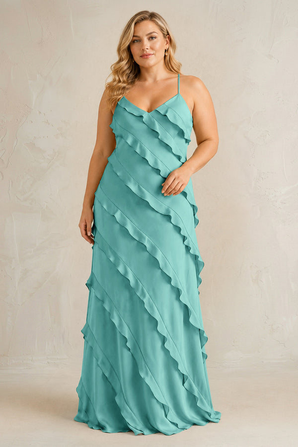 Pale Pistachio Spaghetti Straps Sheath Stain Ruffled Bridesmaid Dress | KISSBRIDAL[sizeplus]