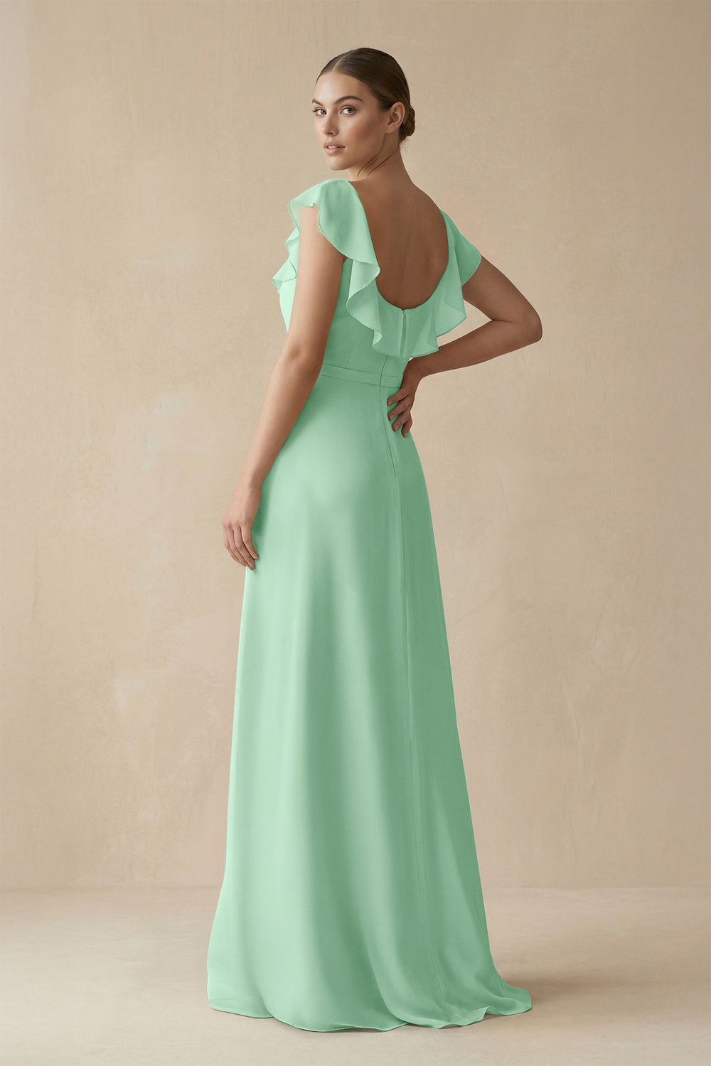 Square Neck A-Line Bridesmaid Dress with Ruffles in Pale Pistachio
