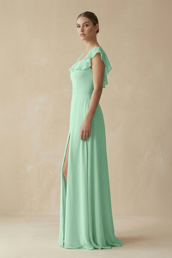 Pale Pistachio Square Neck A-Line Bridesmaid Dress with Ruffles (3) | KISSBRIDAL
